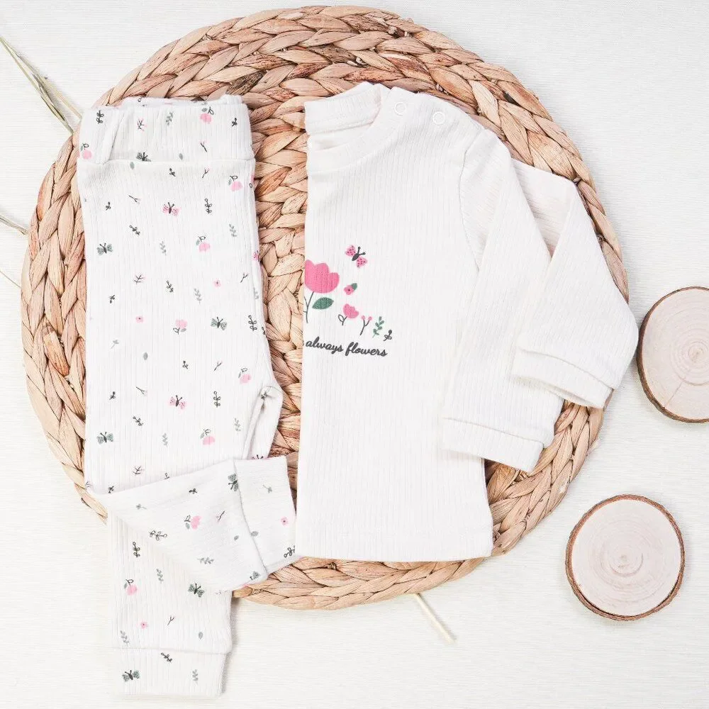 Ribbed Cotton Baby Girl Set - Flowers PINK